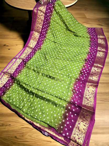 Green and pink bandhej semi gajji sik saree with kanjivaram border and pallu