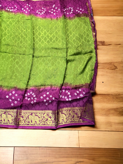 Green and pink bandhej semi gajji sik saree with kanjivaram border and pallu