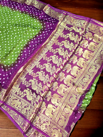 Green and pink bandhej semi gajji sik saree with kanjivaram border and pallu