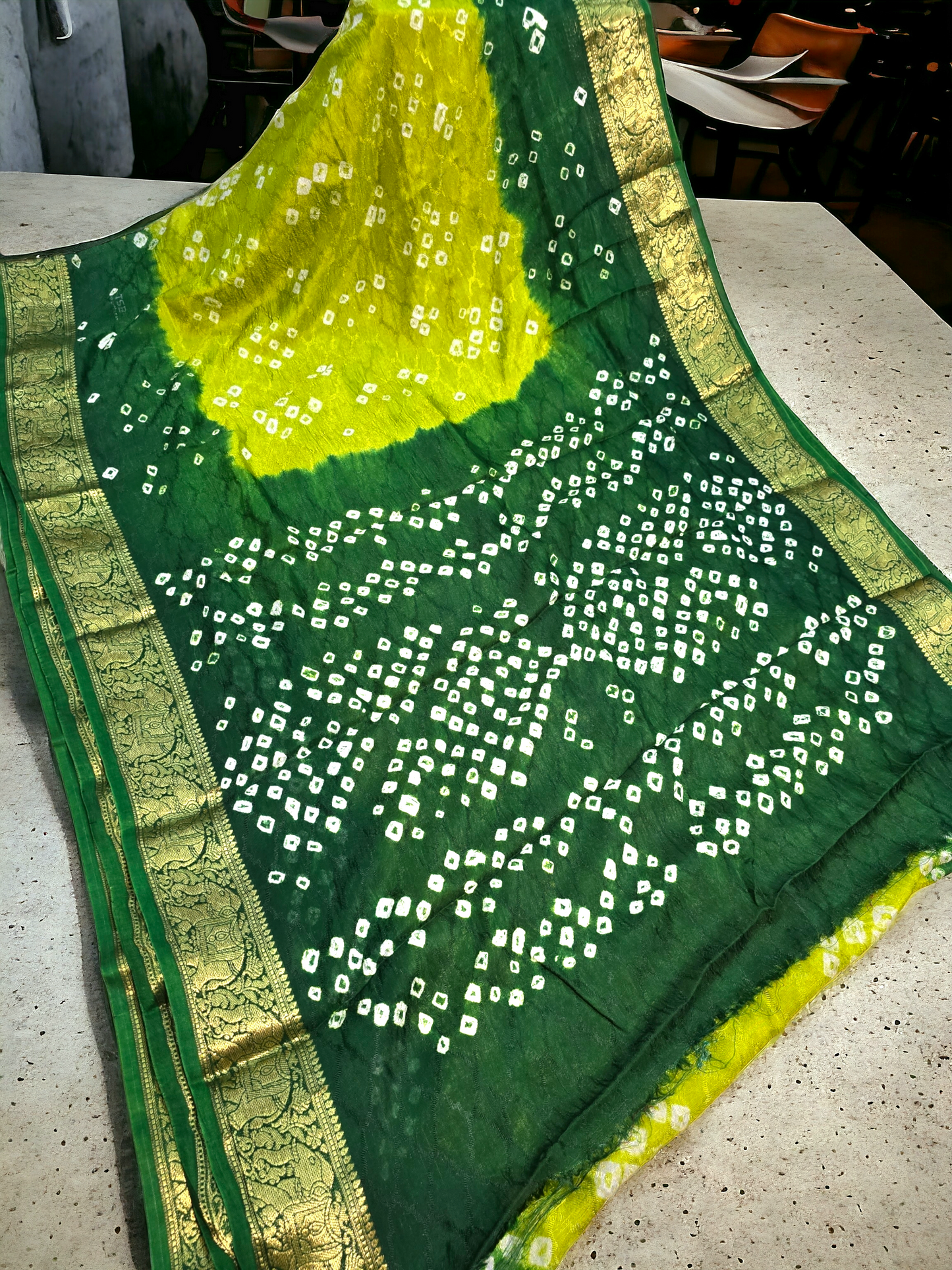 Gren colour semi gajji silk bandhani saree with zari border