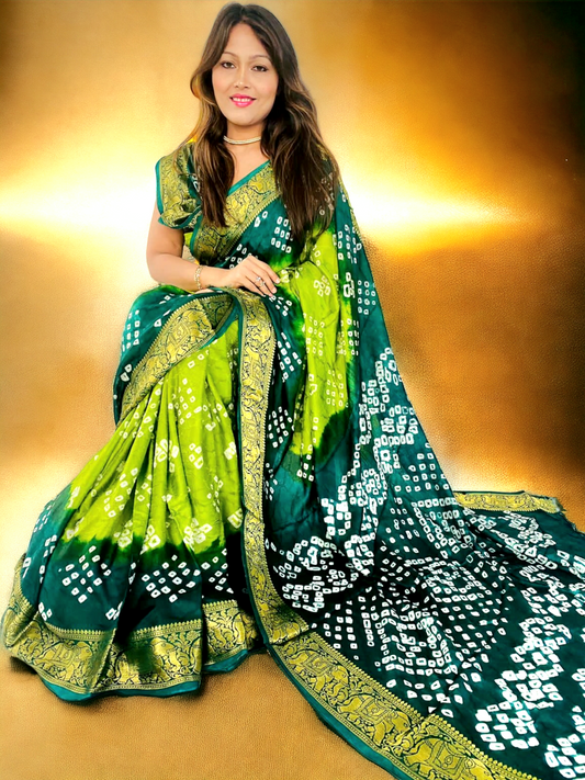 Gren colour semi gajji silk bandhani saree with zari border