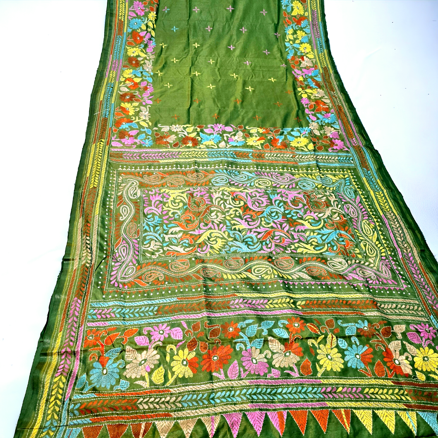 Green kantha work silk saree  from bengal handloom