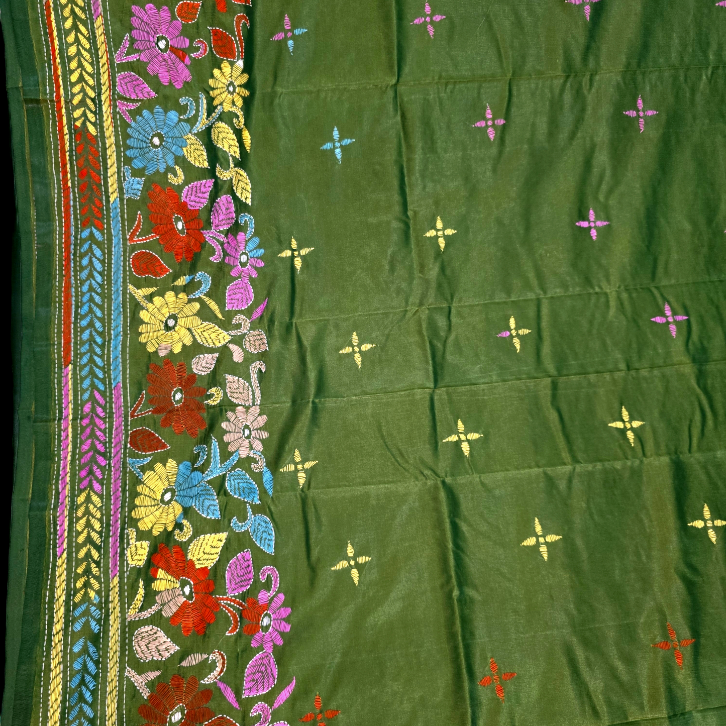 Green kantha work silk saree  from bengal handloom