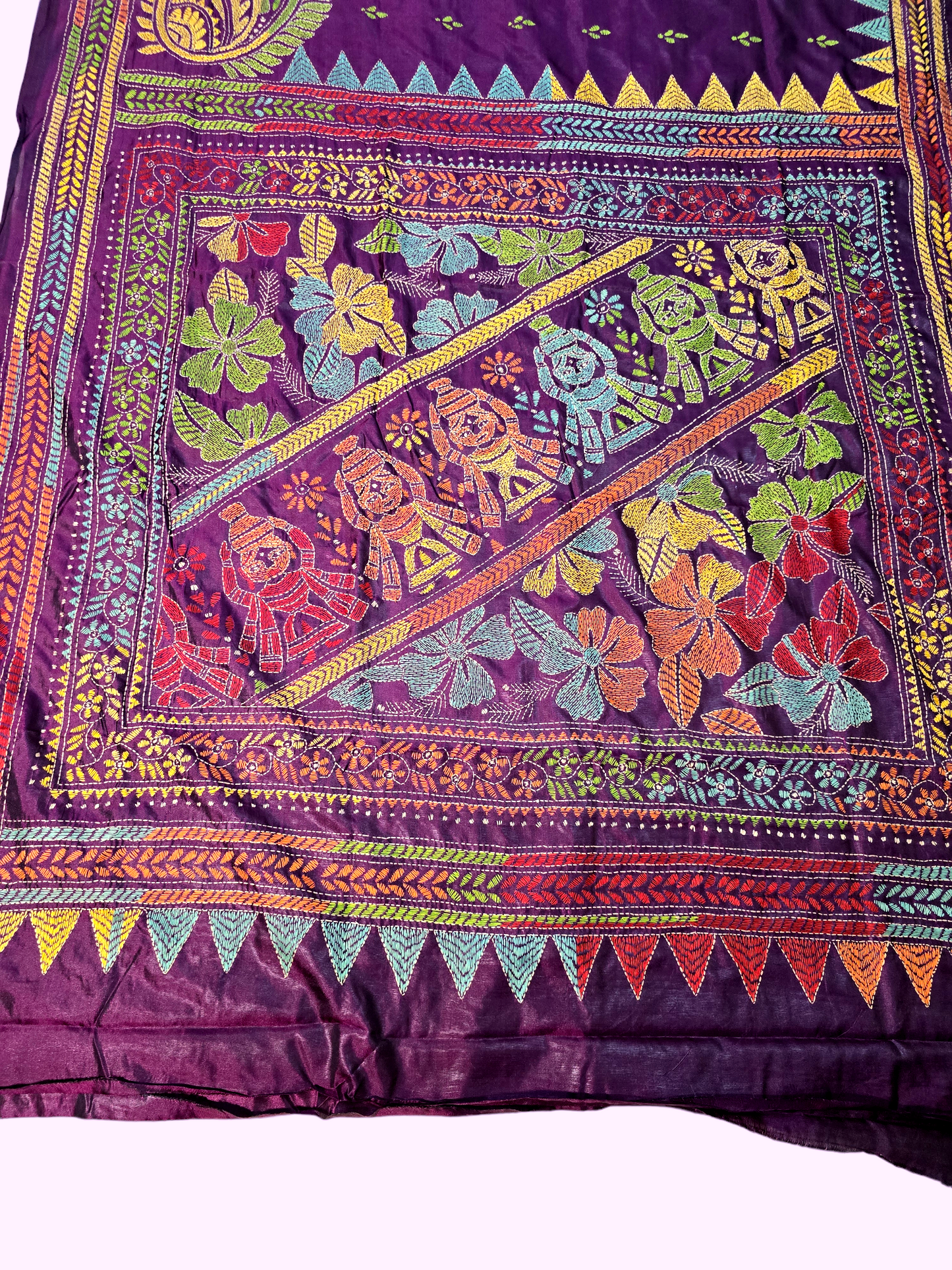 Purple kantha work silk saree  from bengal handloom