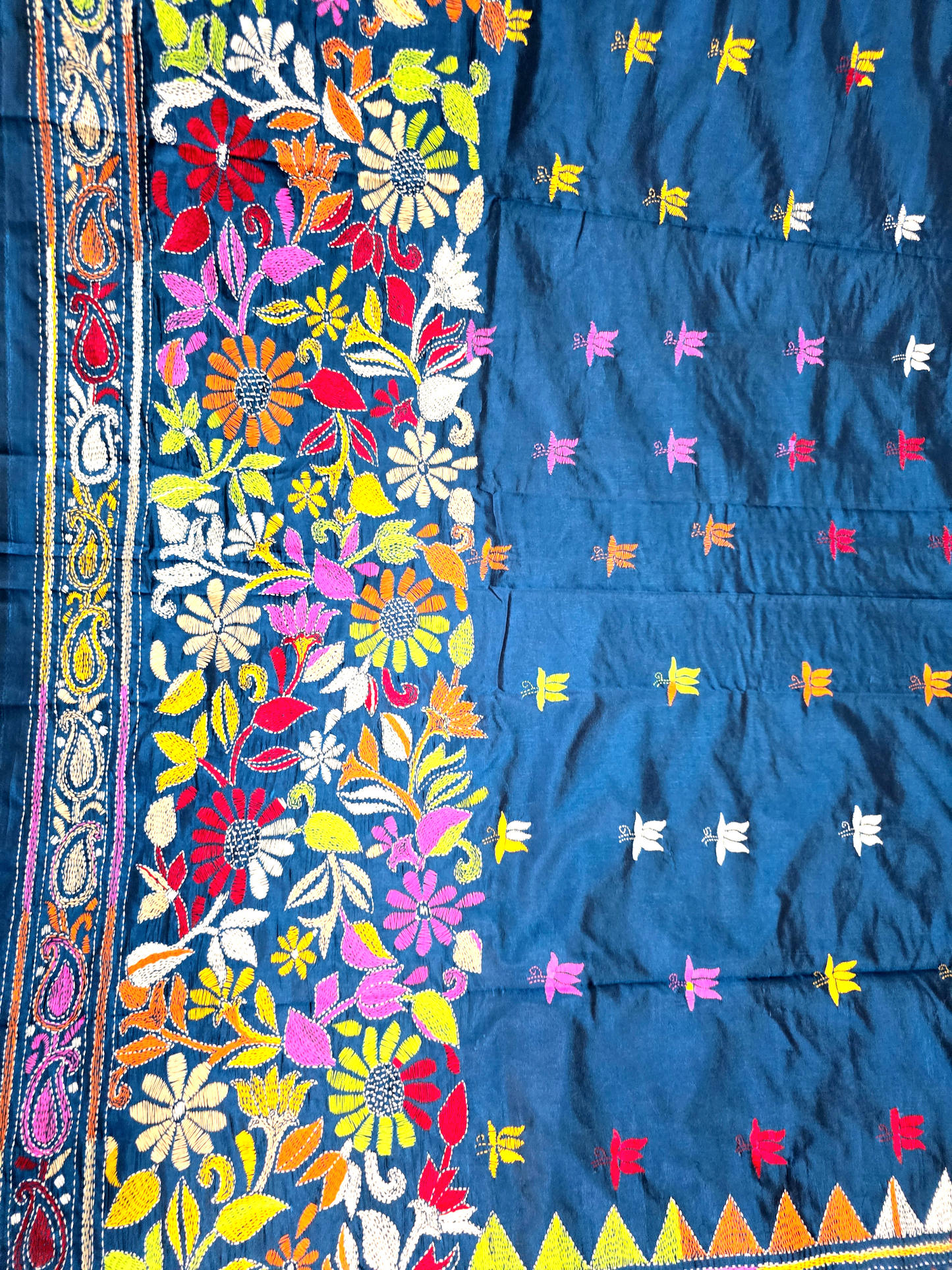 Peacock blue kantha work silk saree  from bengal handloom