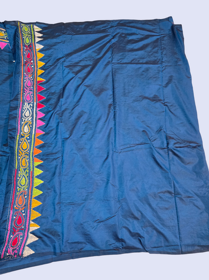 Peacock blue kantha work silk saree  from bengal handloom