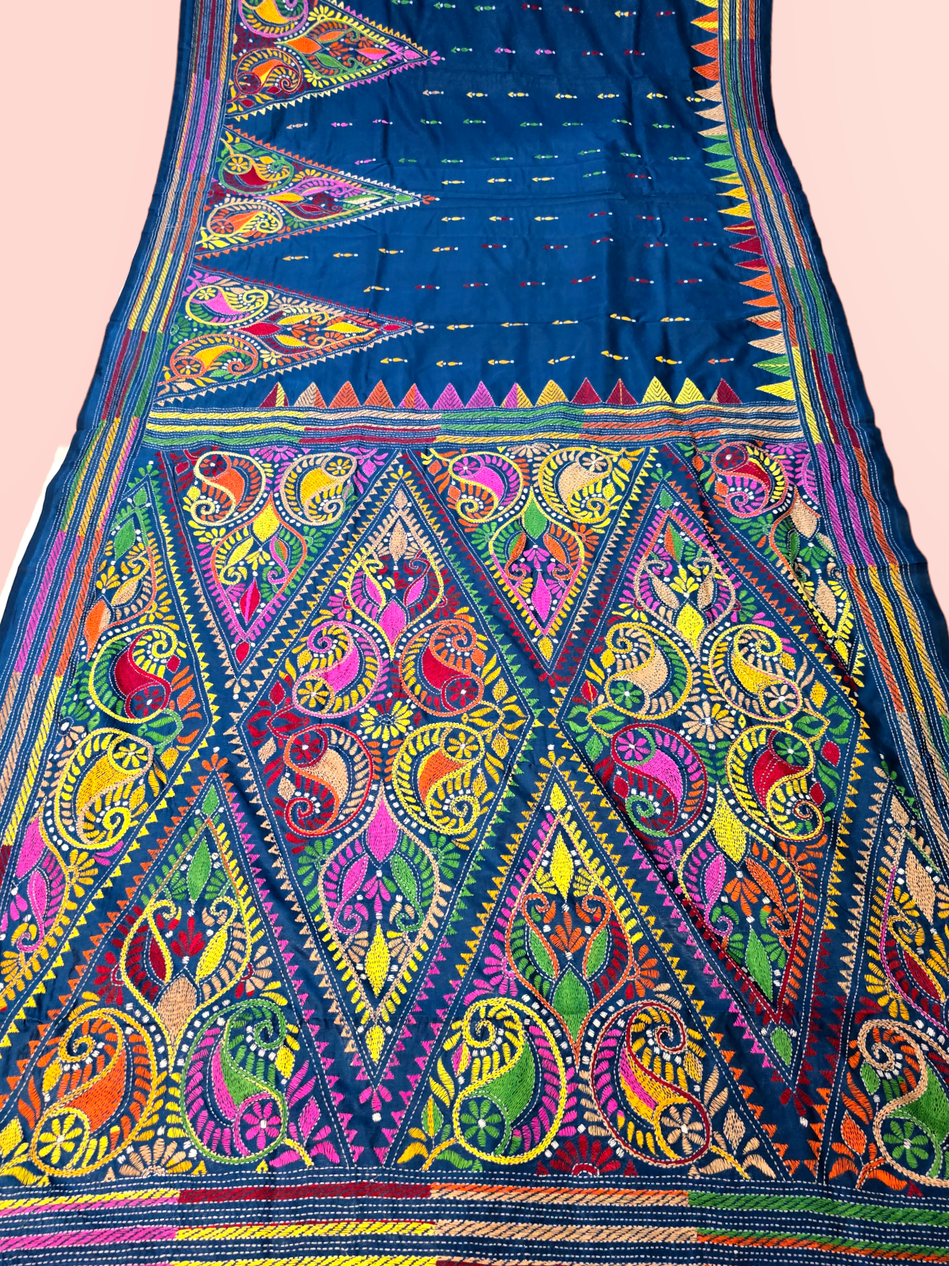 Peacock blue kantha work silk saree  from bengal handloom