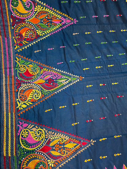 Peacock blue kantha work silk saree  from bengal handloom