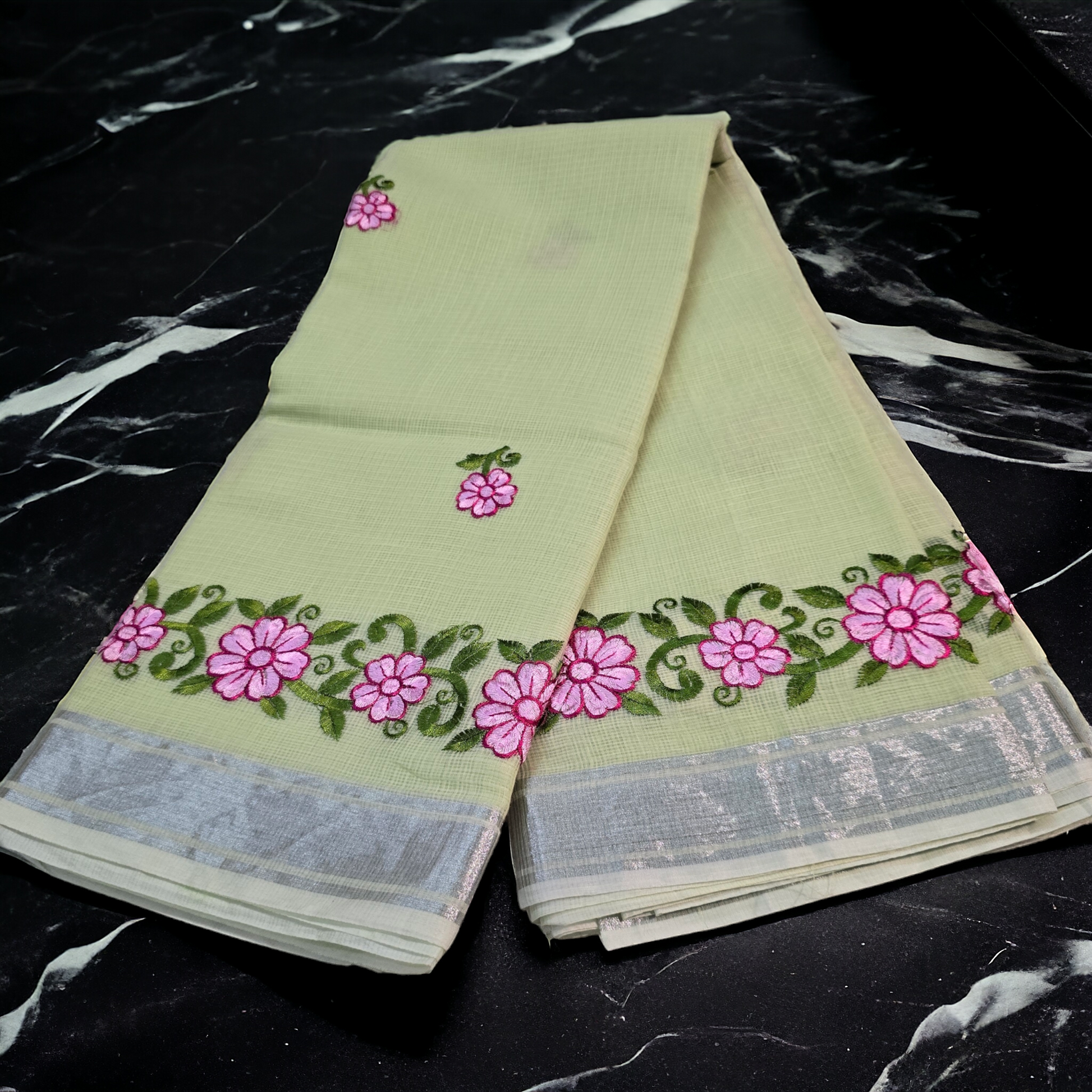 Kota Cotton Embroidary Saree with silver Zari Border