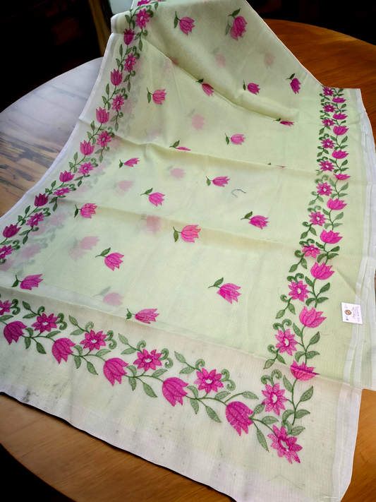  Green Kota Cotton Embroidery Saree