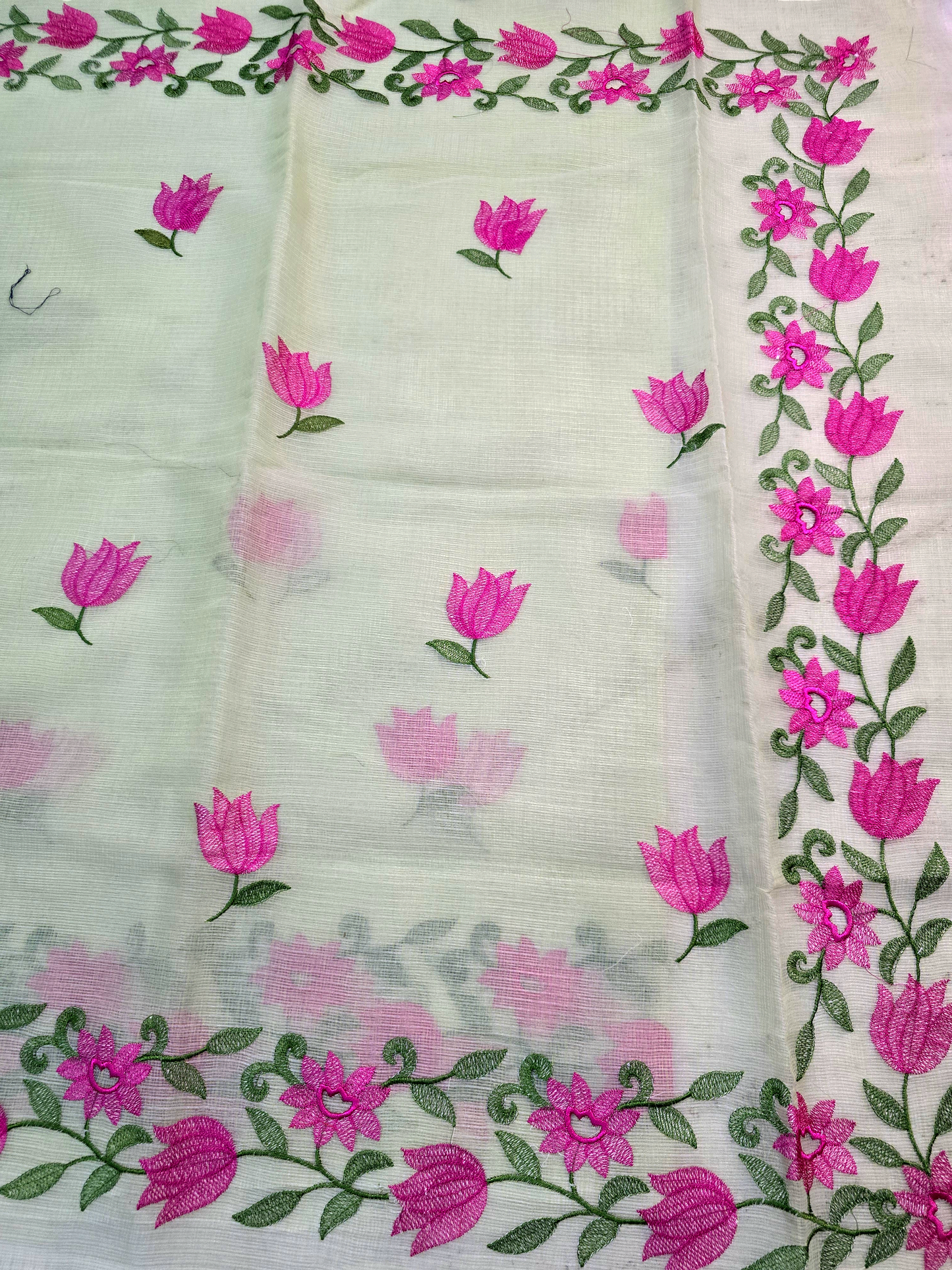  Green Kota Cotton Embroidery Saree for summer