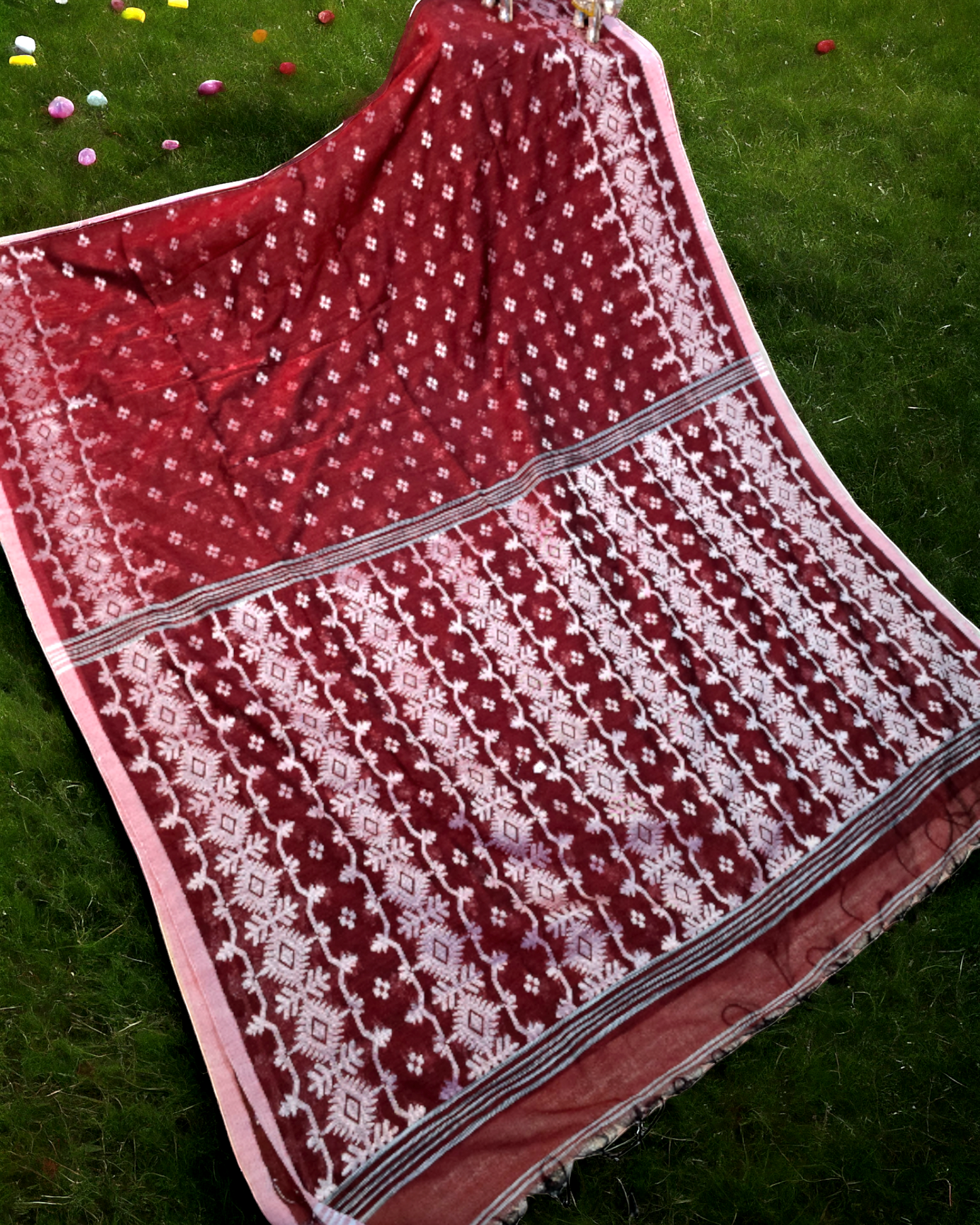 Maroon khadi saree with jamdani weaving