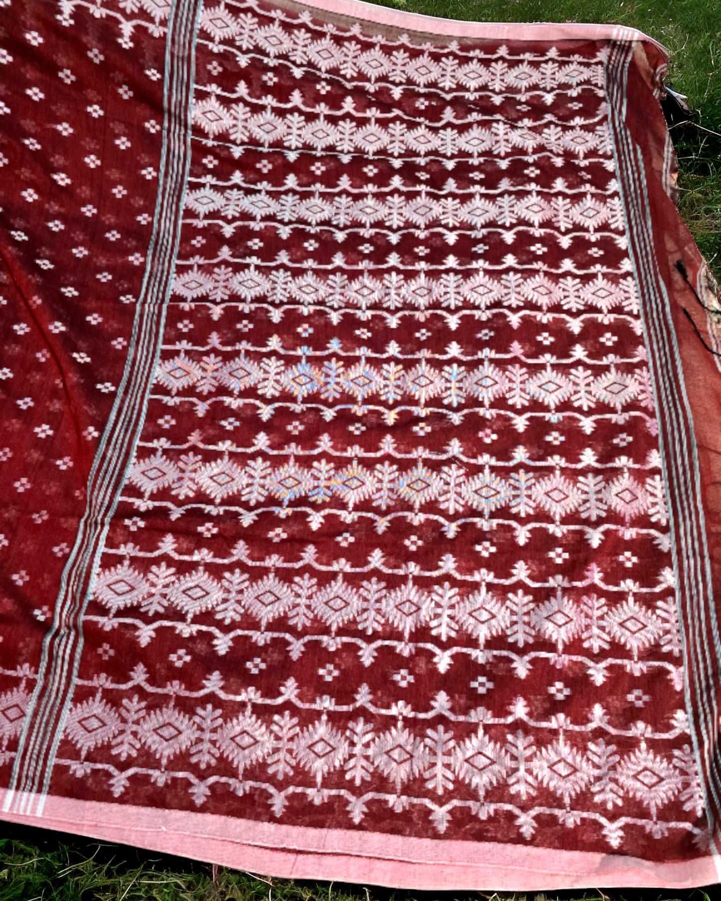 Maroon khadi saree with jamdani weaving