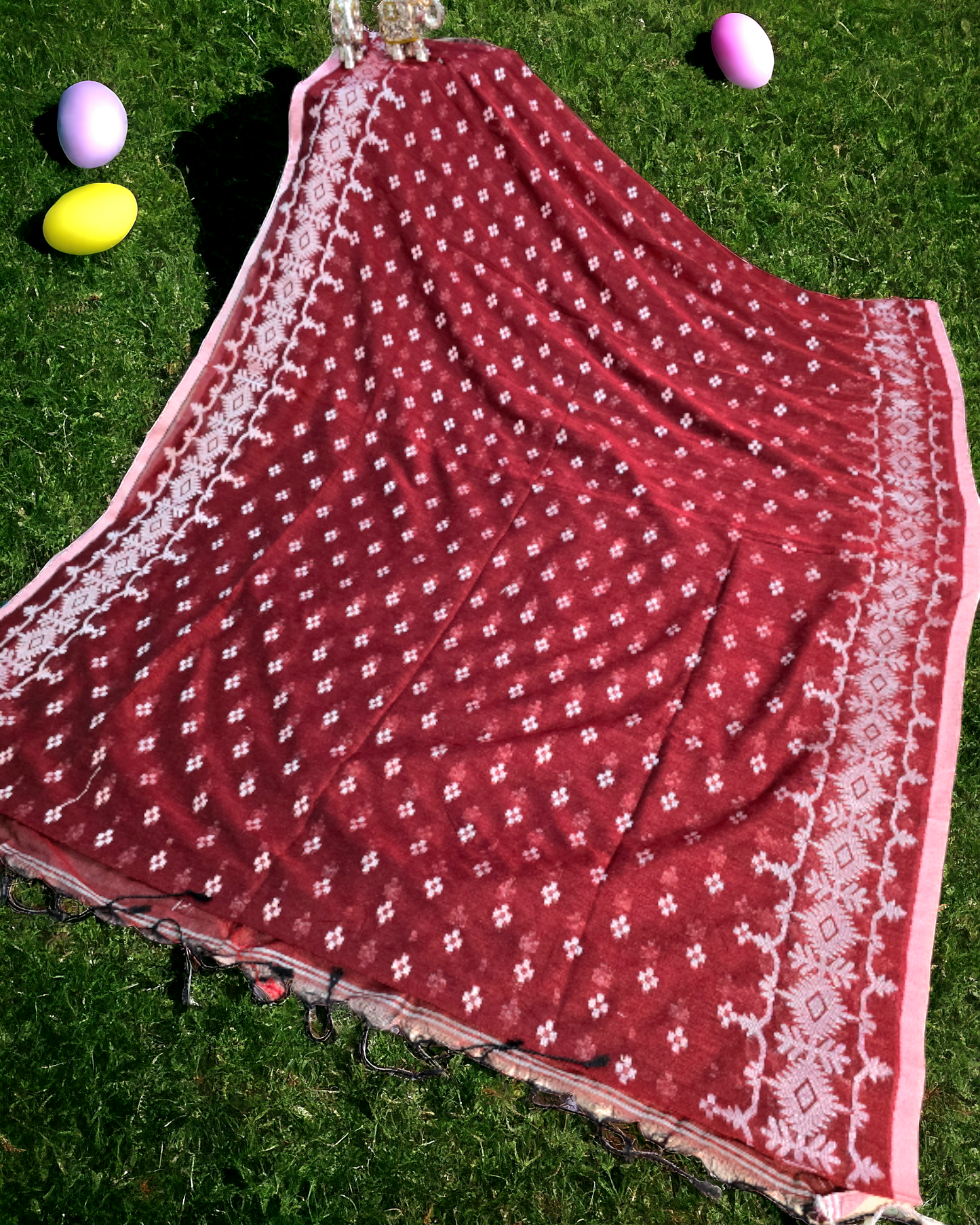 Maroon khadi saree with jamdani weaving