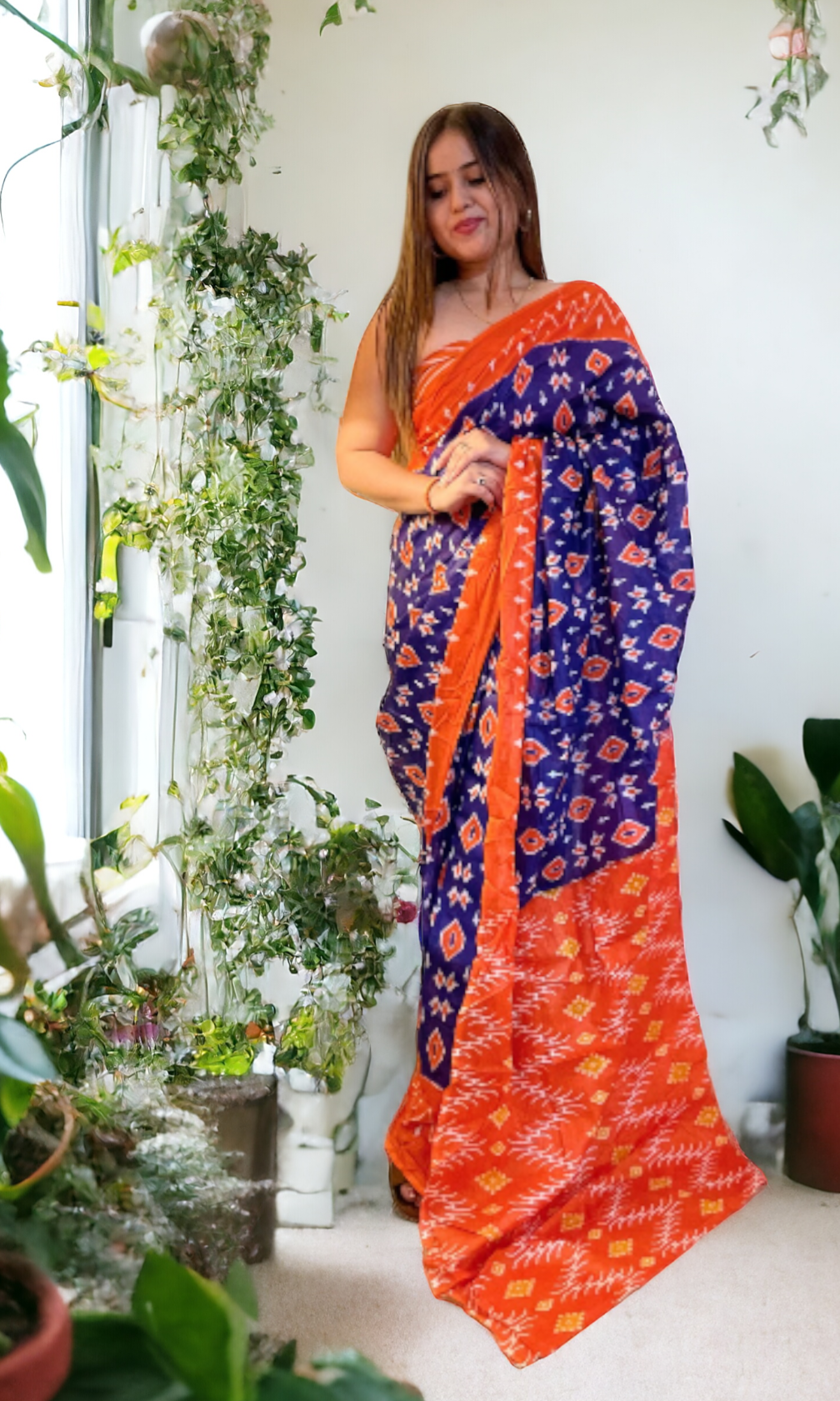 Orange and blue ikkat print soft cotton saree