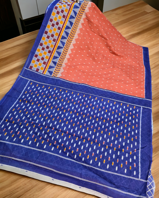 Peach and blue soft cotton printed saree