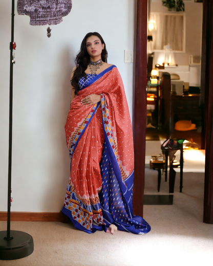 Peach and blue soft cotton printed saree