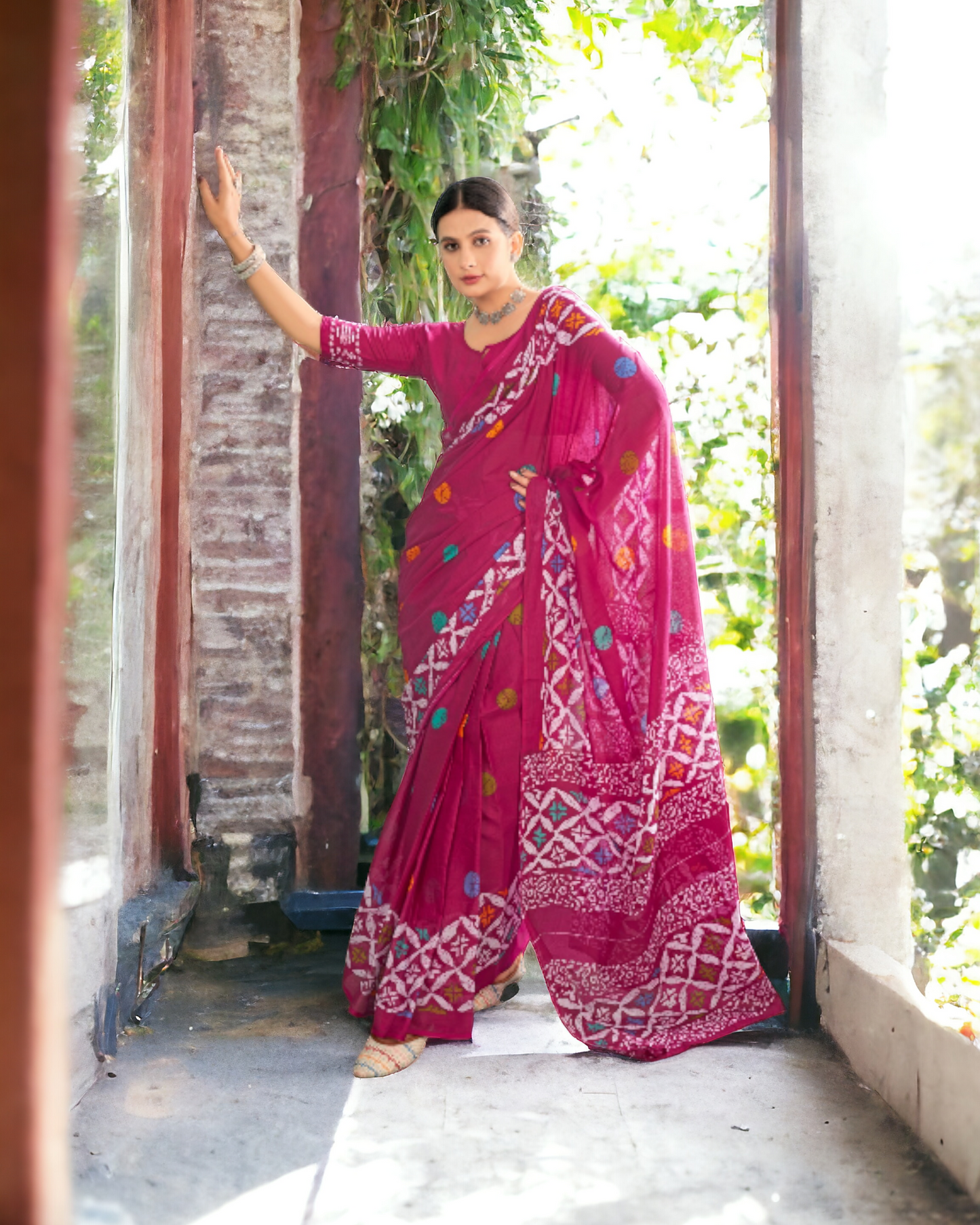 Pink soft cotton printed saree