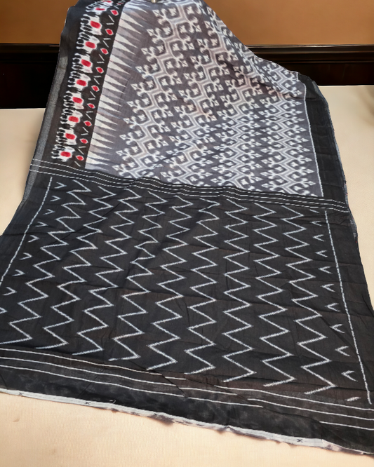 Black and white soft cotton ikkat print saree