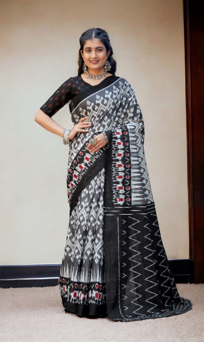 Black and white soft cotton ikkat print saree