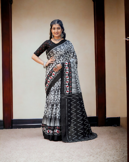 Black and white soft cotton ikkat print saree