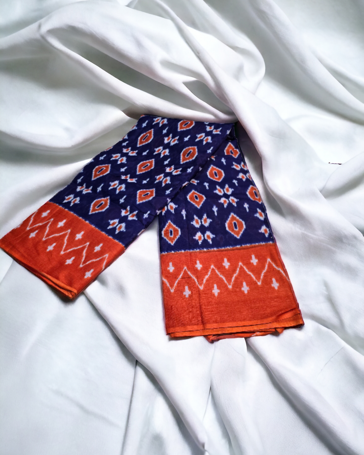 Orange and blue ikkat print soft cotton saree