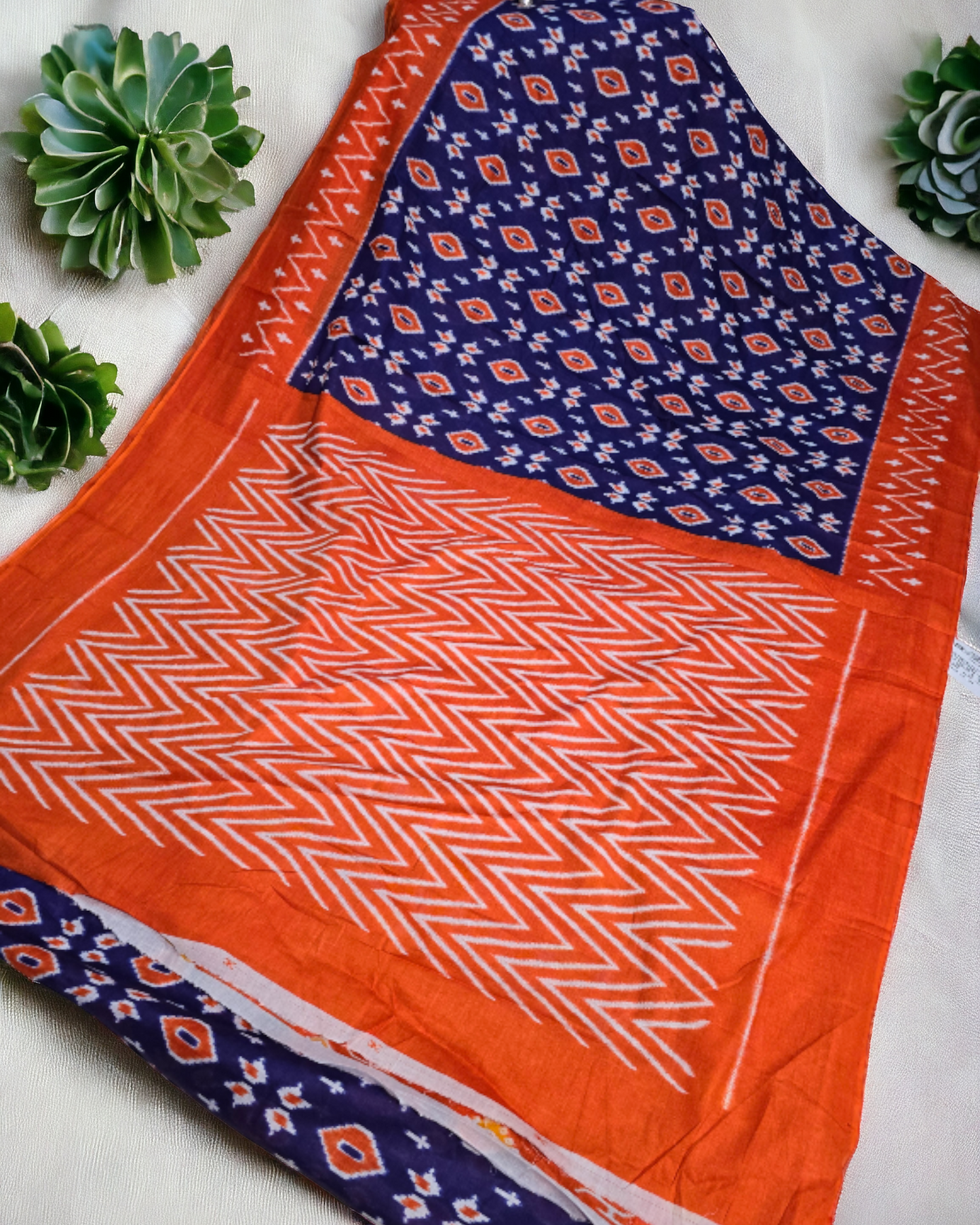 Orange and blue ikkat print soft cotton saree