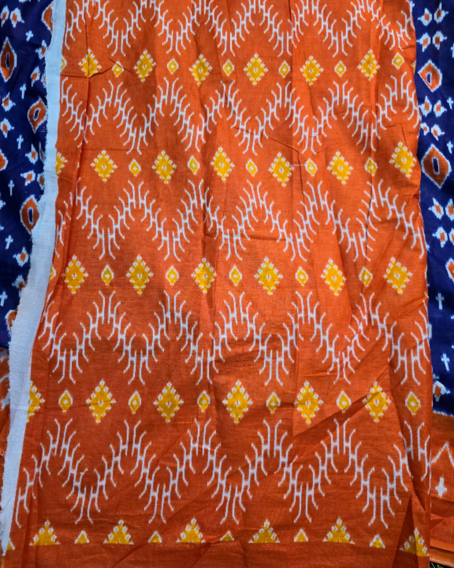 Orange and blue ikkat print soft cotton saree