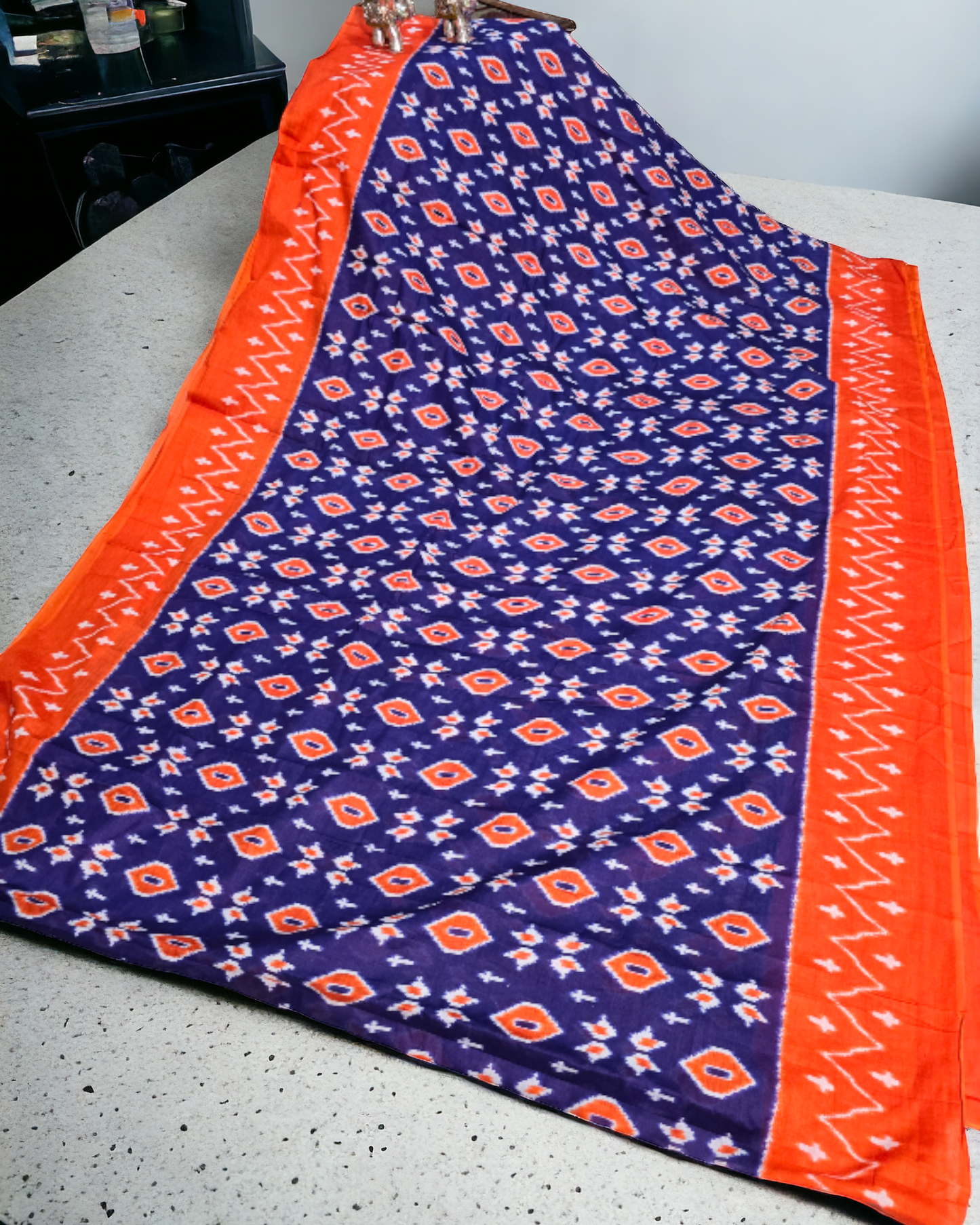 Orange and blue ikkat print soft cotton saree