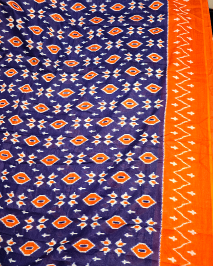 Orange and blue ikkat print soft cotton saree