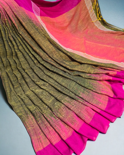 Green and pink ombre dyed khadi saree