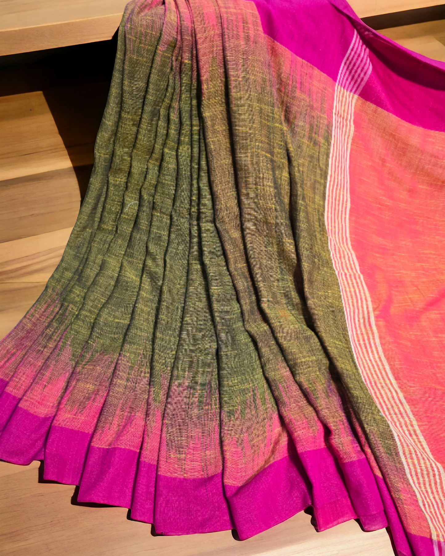 Green and pink ombre dyed khadi saree