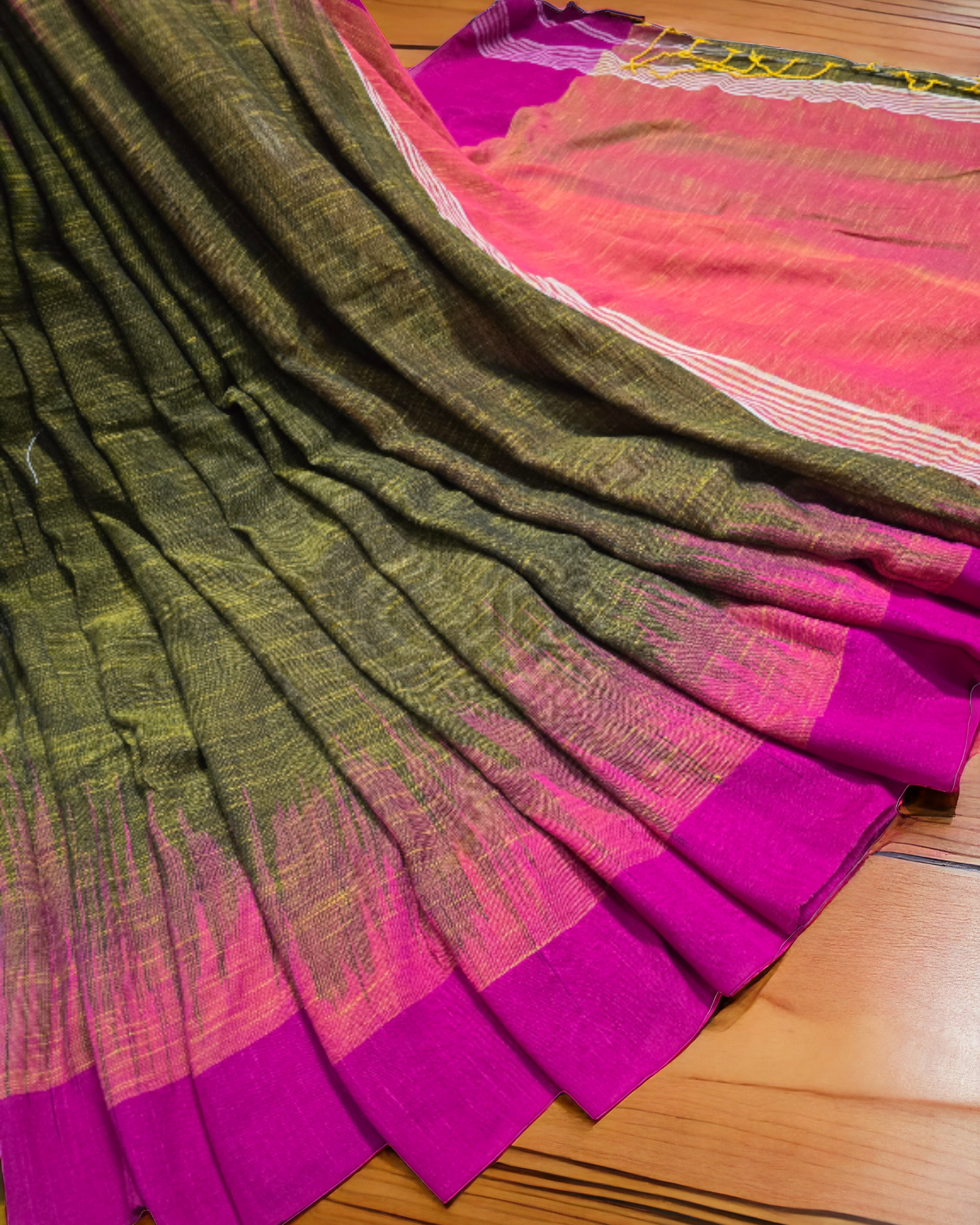 Green and pink ombre dyed khadi saree