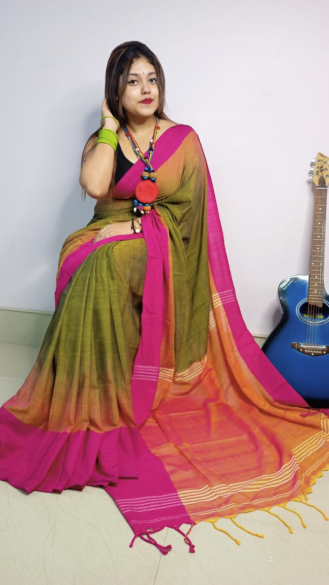 Green and pink ombre dyed khadi saree