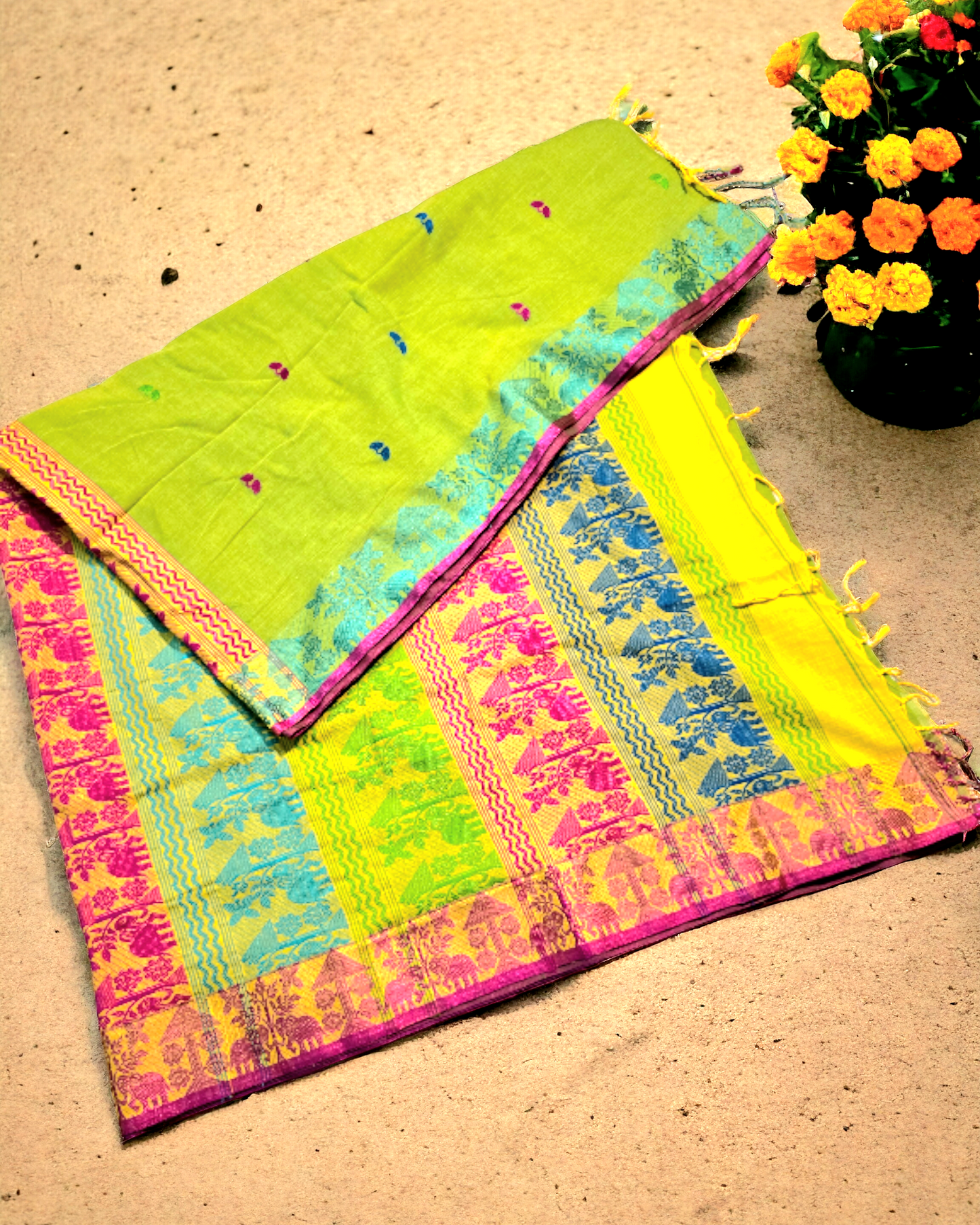 Green mercerized khadi jamdani weaving saree