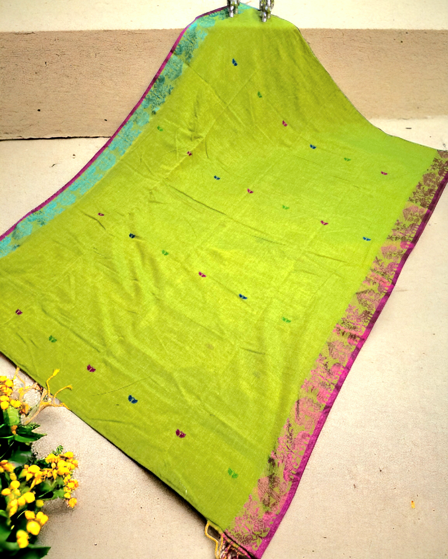 Green mercerized khadi jamdani weaving saree