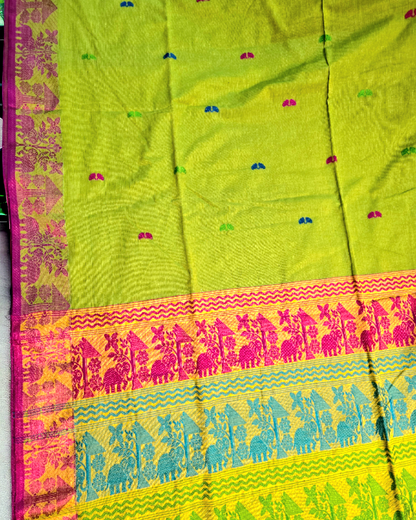 Green mercerized khadi jamdani weaving saree