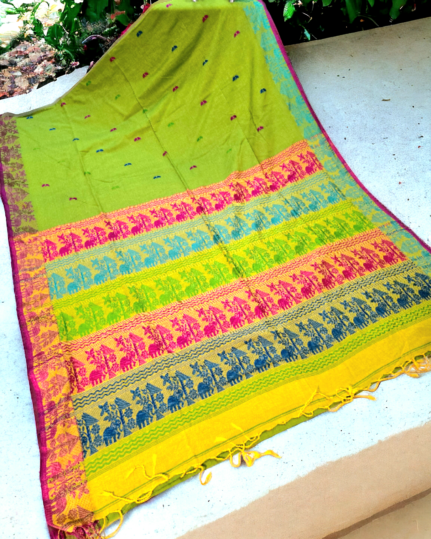 Green mercerized khadi jamdani weaving saree