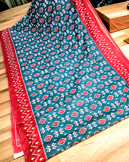 Rama green and maroon ikkat print soft cotton saree