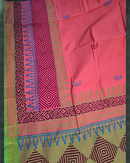 Peach colour block printed mangalagiri cotton saree