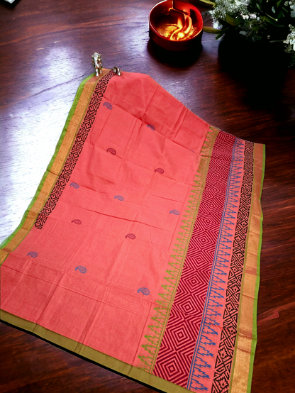 Peach colour block printed mangalagiri cotton saree