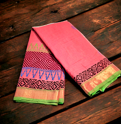 Peach colour block printed mangalagiri cotton saree