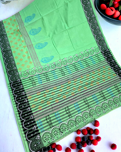 Green colour block printed mangalagiri cotton saree