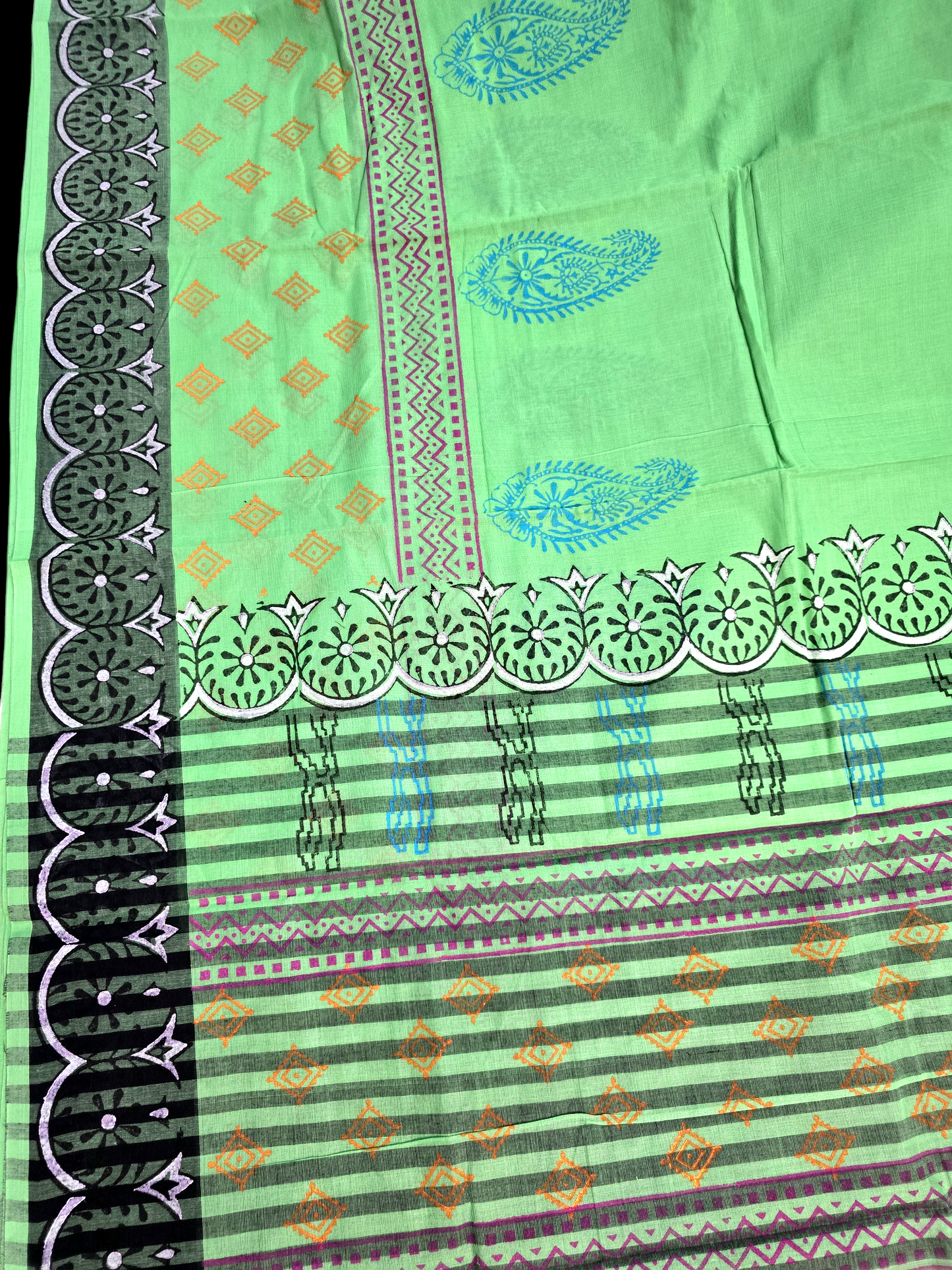 Green colour block printed mangalagiri cotton saree