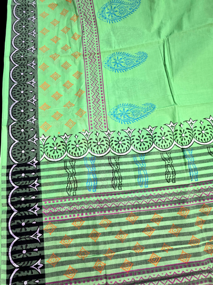 Green colour block printed mangalagiri cotton saree