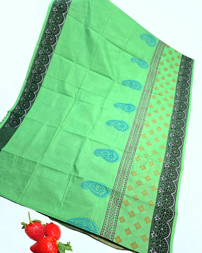 Green colour block printed mangalagiri cotton saree