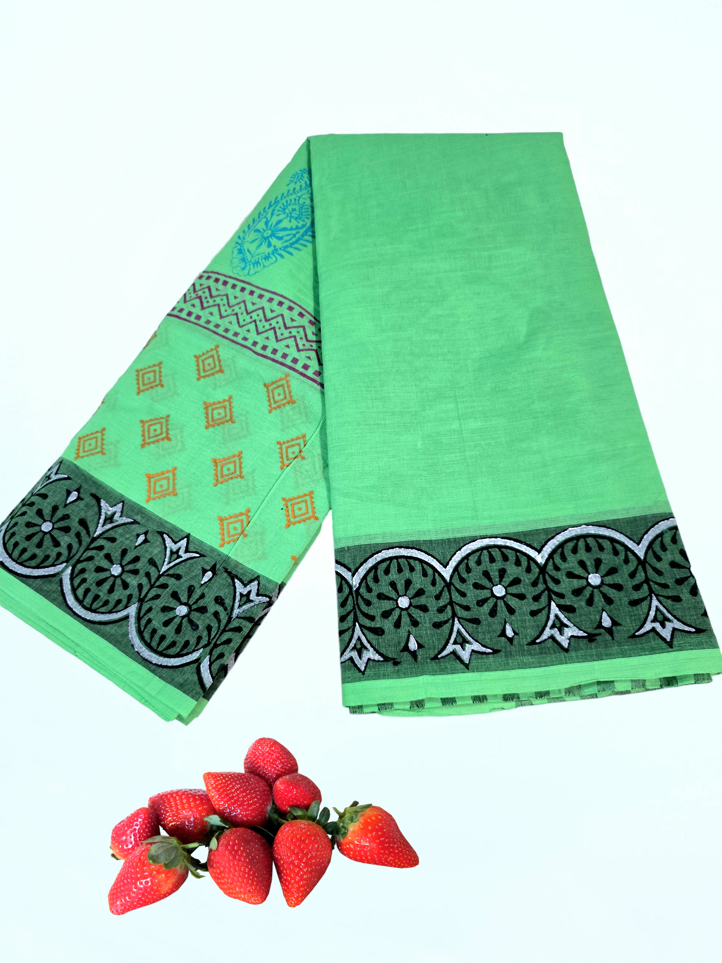 Green colour block printed mangalagiri cotton saree