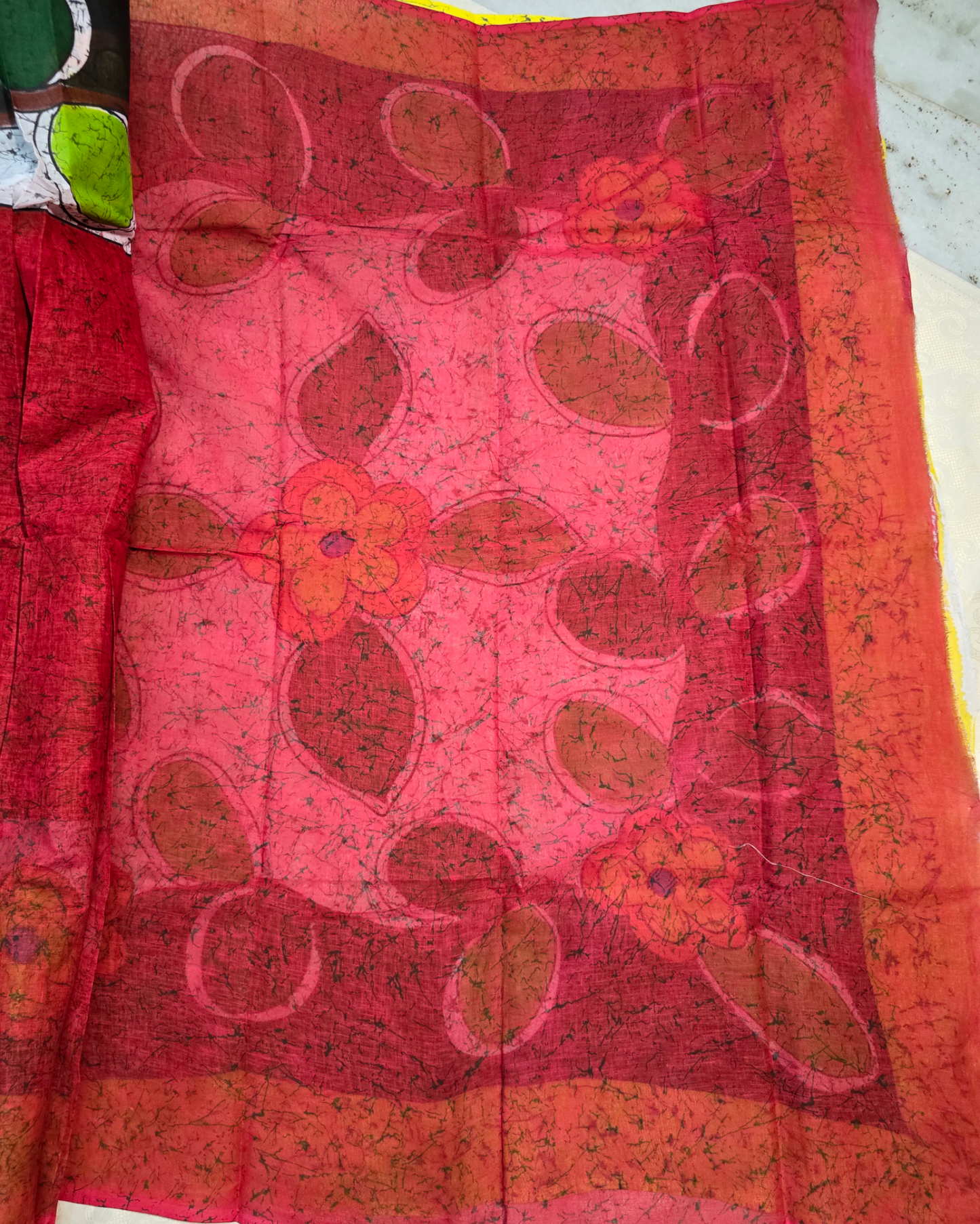 Red colour hand painted batik mulmul cotton saree .