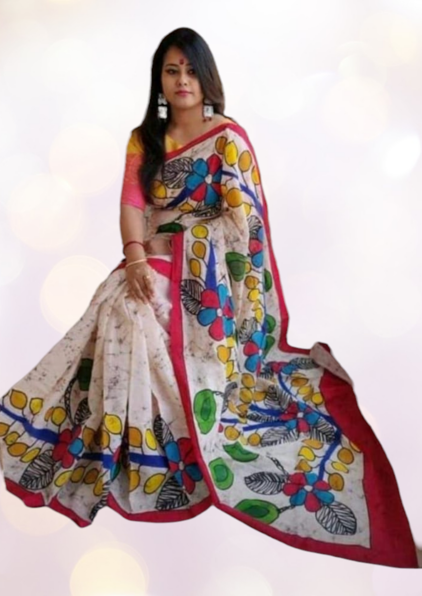 white hand painted batik mulmul cotton saree