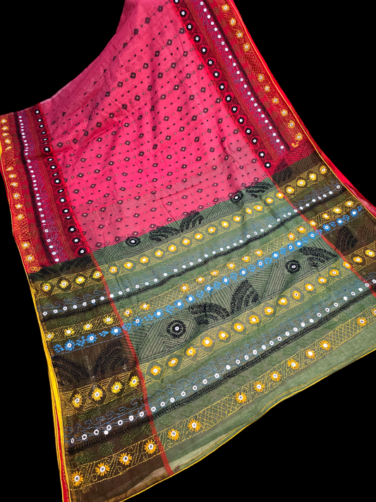 carrot pink jamdani saree with lambani work.